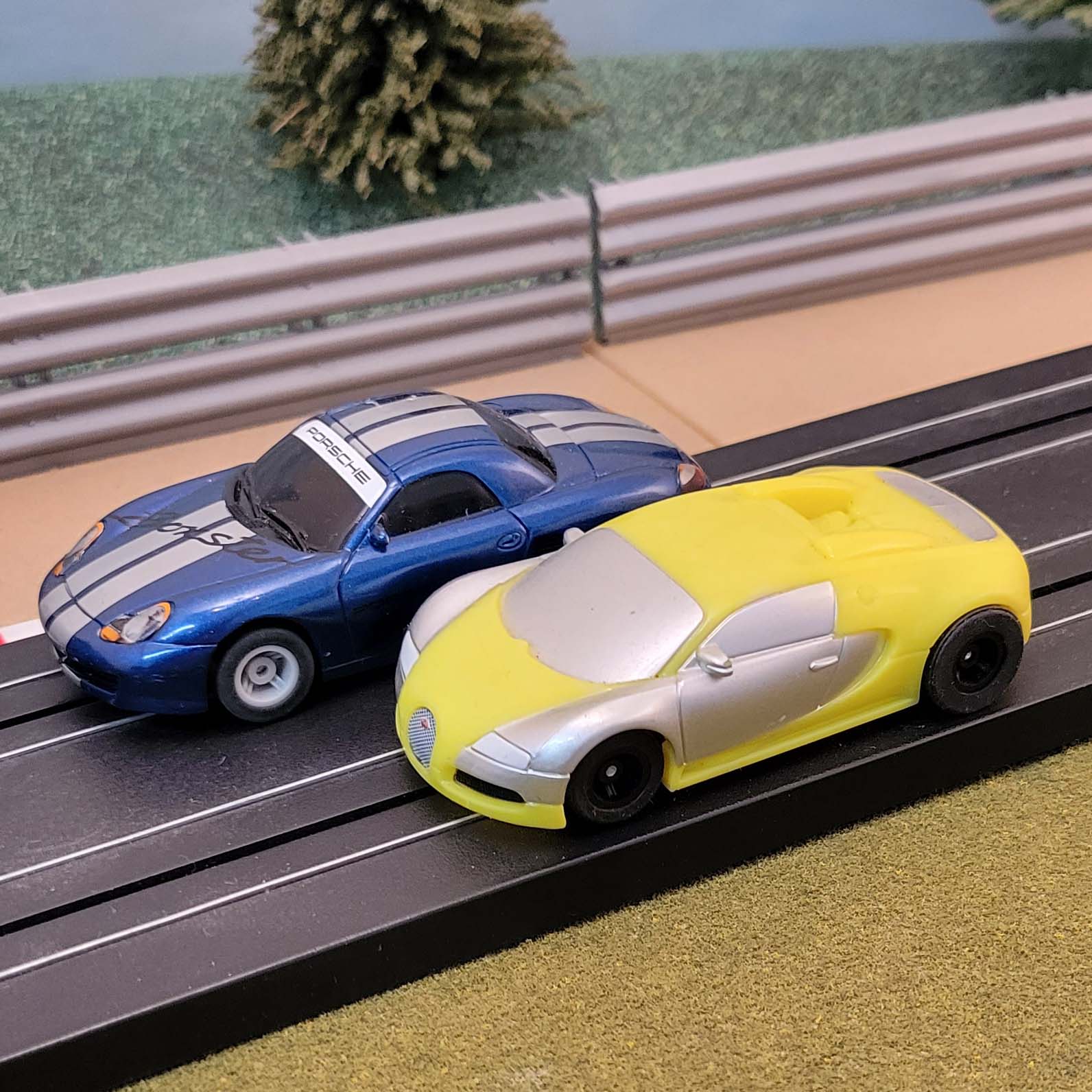 Micro Scalextric Pair 1 64 Cars Blue Porsche Boxster Bugatti Veyron