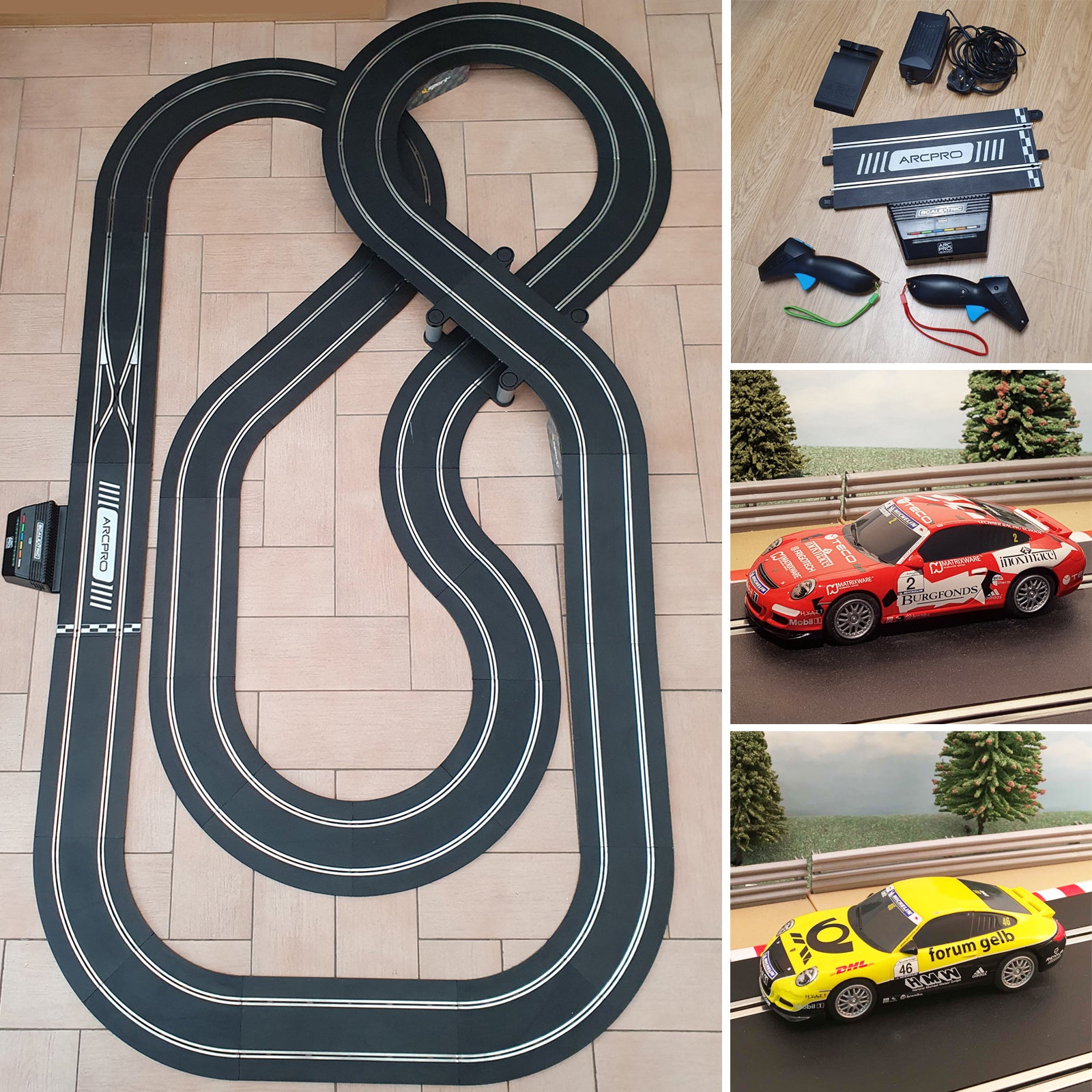 Scalextric Sport 1 32 Track Set Layout With Porsche Cars ARC Pro AS9 Action Slot Racing