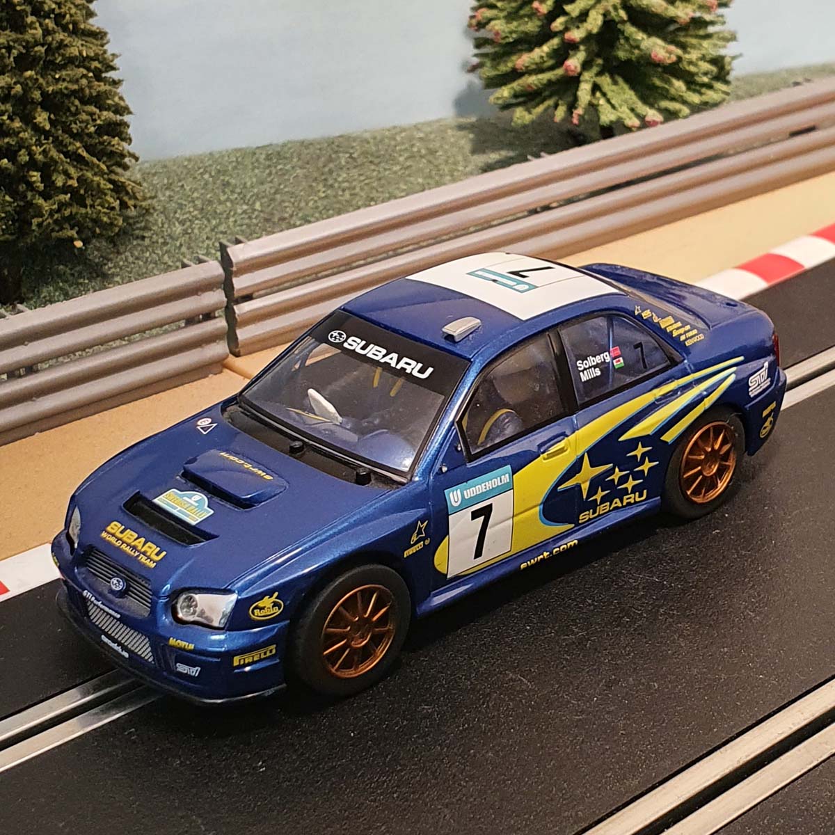 Scalextric 1 32 Car C2587 Subaru Impreza WRC Solberg 7 LIGHTS FW Action Slot Racing