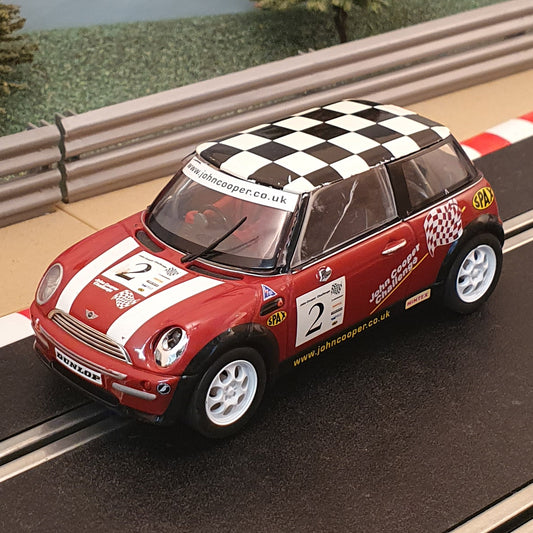 Scalextric 1:32 Car - Red BMW Mini Cooper With Chequered Roof #2 *LIGHTS* #B