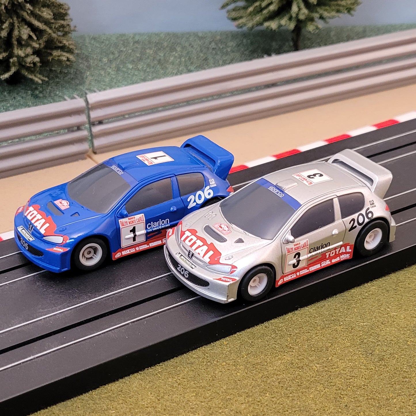 Micro Scalextric Pair 1:64 Cars - Peugeot WRC Rally #1 & #3