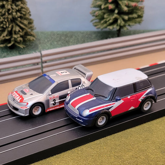 Micro Scalextric Pair 1:64 Cars - Peugeot Rally WRC & Mini Union Jack Flag