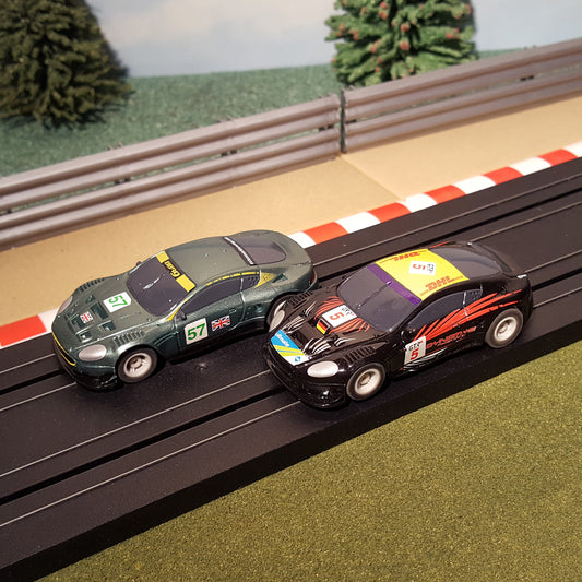 Micro Scalextric Pair 1:64 Cars - Aston Martin DBR9 DHL #5 & #57 #S