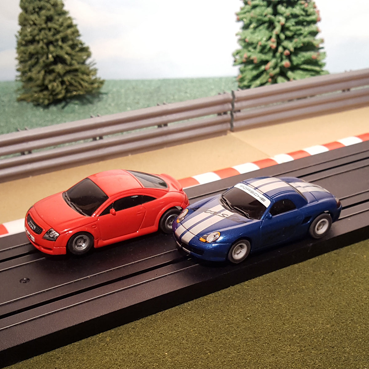 Micro Scalextric Pair 1:64 Cars - Blue Porsche Boxster & Red Audi TT