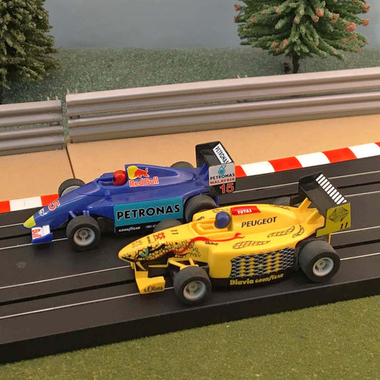 Micro Scalextric Pair 1:64 Cars - F1 Peugeot #11 & Red Bull #15