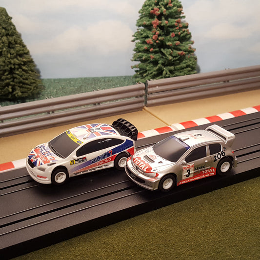 Micro Scalextric Pair 1:64 Cars - Ford Focus Rally #10 & Peugeot #3