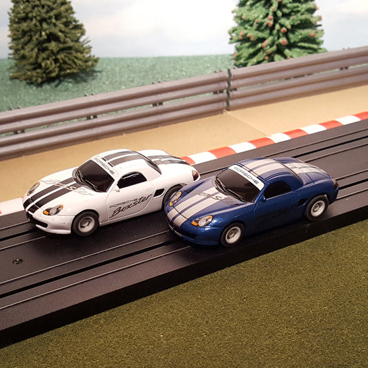 Micro Scalextric Pair 1:64 Cars - Blue & White Porsche Boxsters